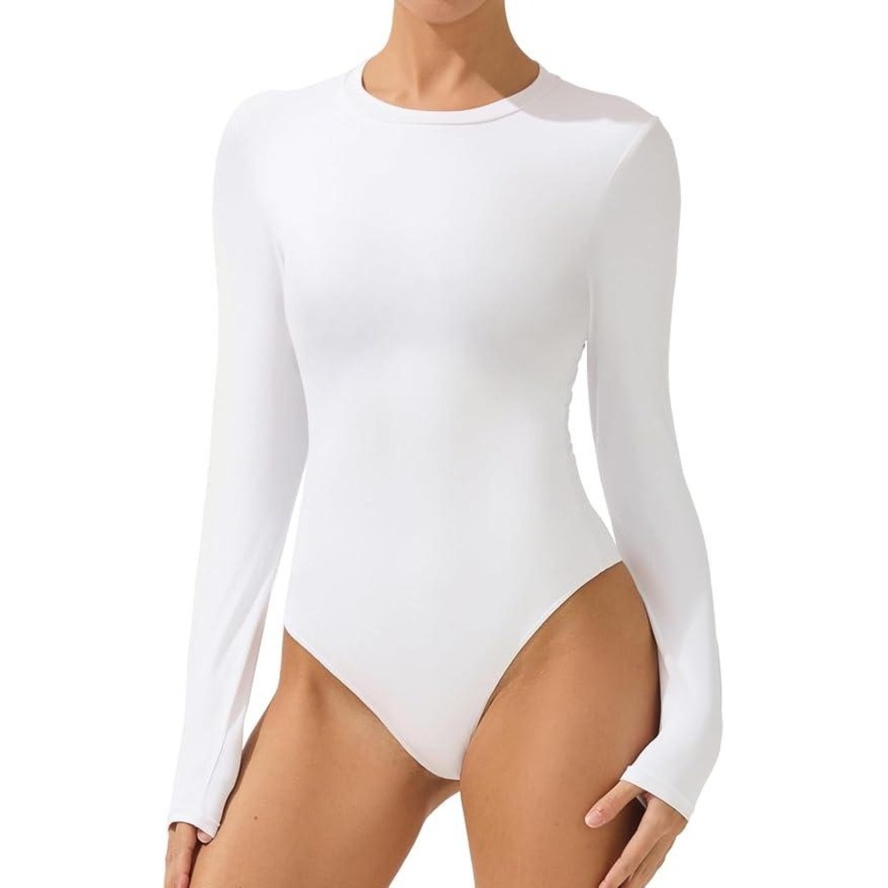 MSRP $18 AFITNE Women's L Crew Neck Long Sleeve Bodysuit Basic Trendy Tummy